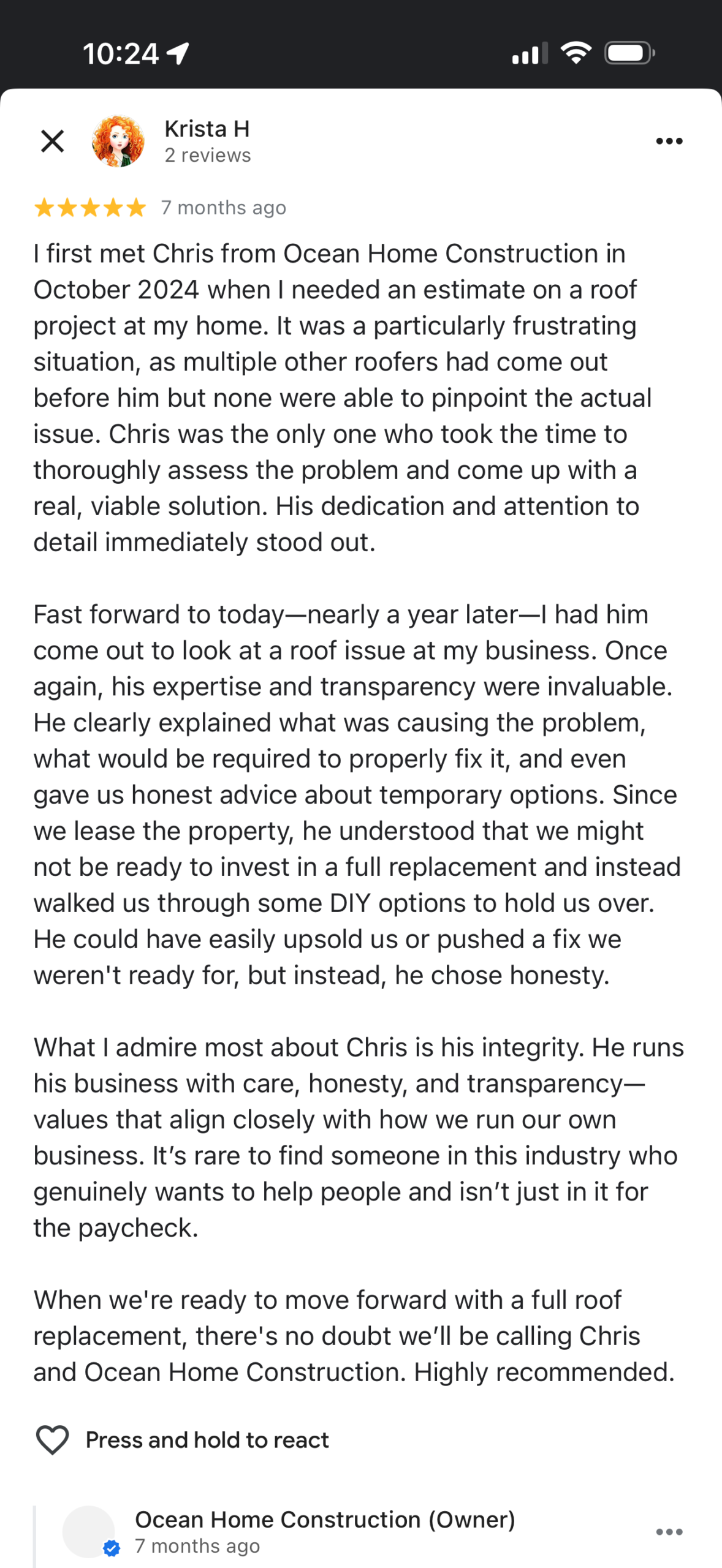 Google Review Screenshot - Krista - Roofing