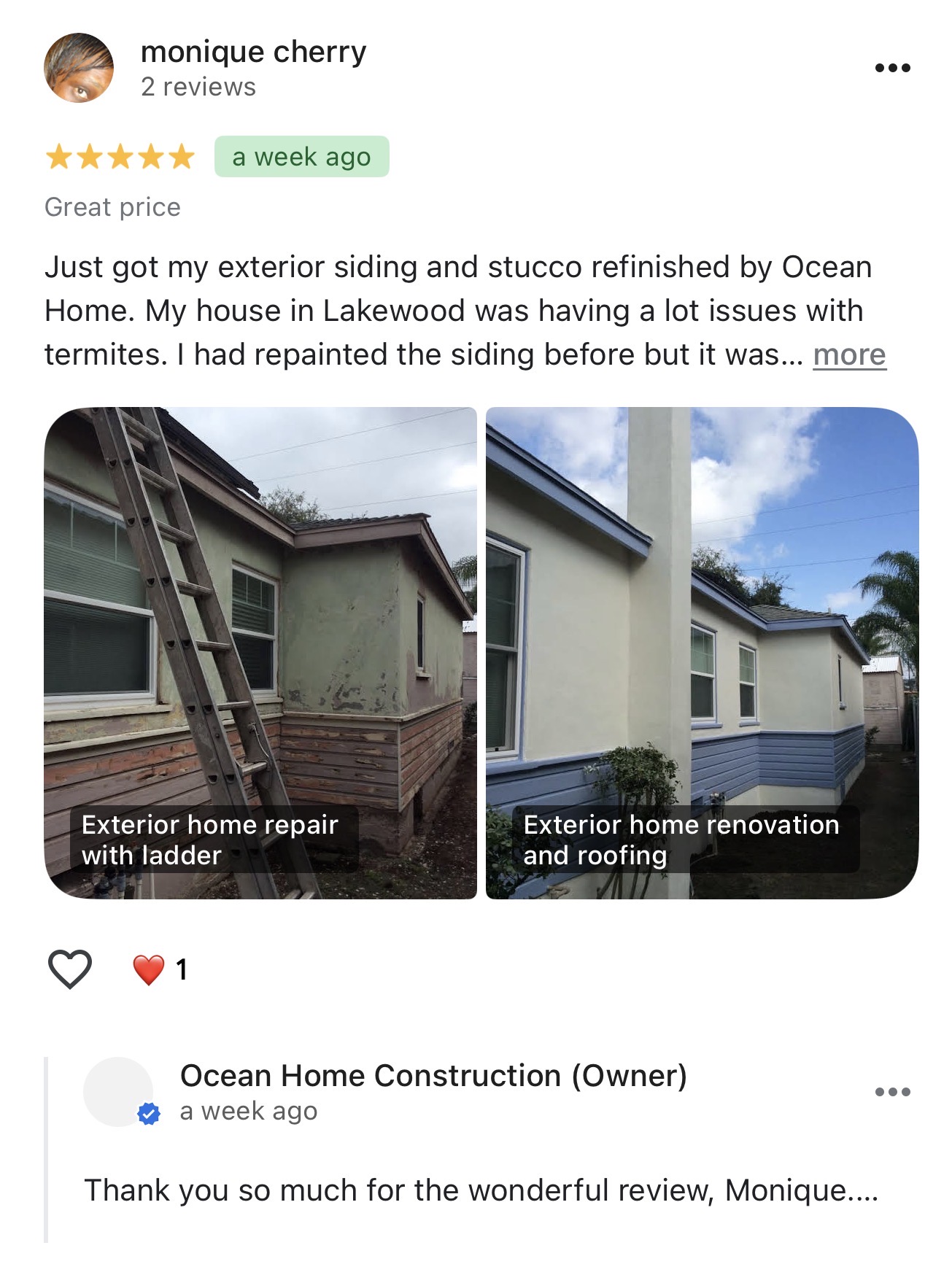 Google Review Screenshot - Exterior Painting