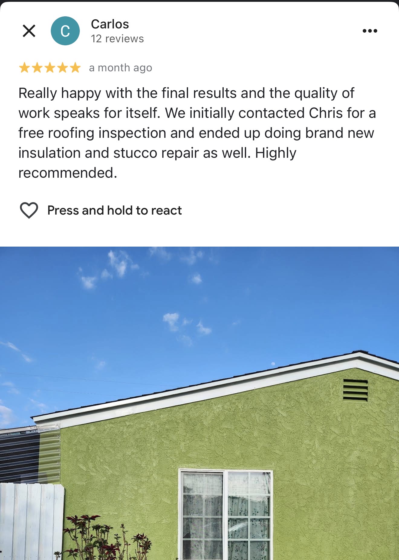 Google Review Screenshot - Roofing