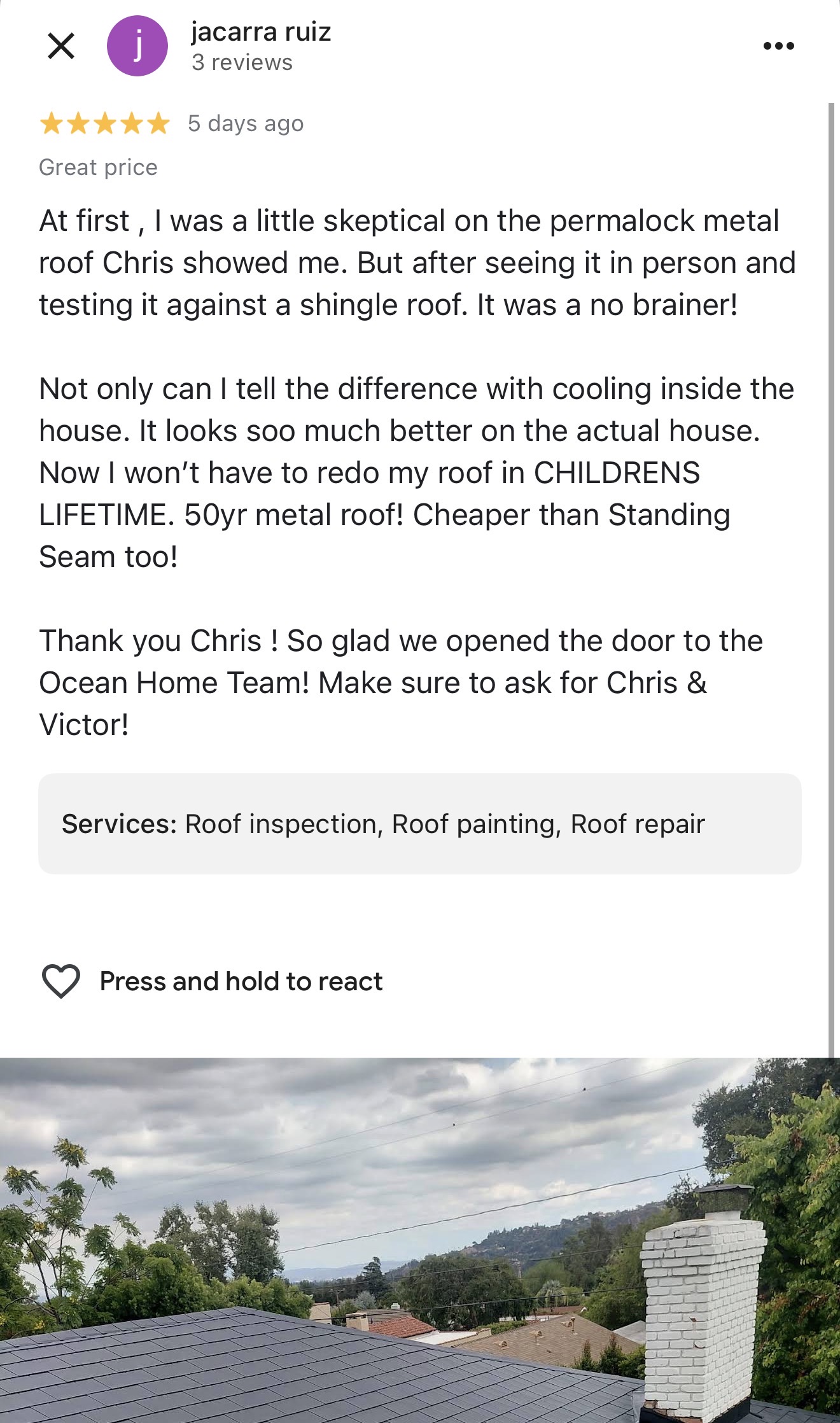Google Review Screenshot - Metal Roofing